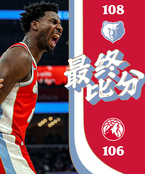 森林狼  106 - 108  灰熊